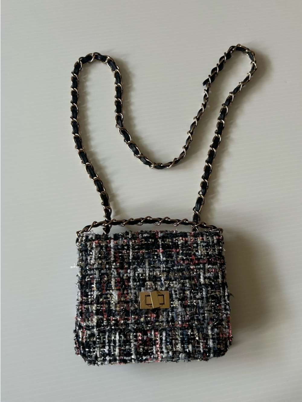 Call It Spring Black Tweed Crossbody Bag with Gold Chain